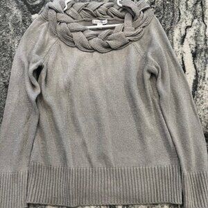John Paul Richard brand sweater in a metallic gray braid cable knit scarf collar